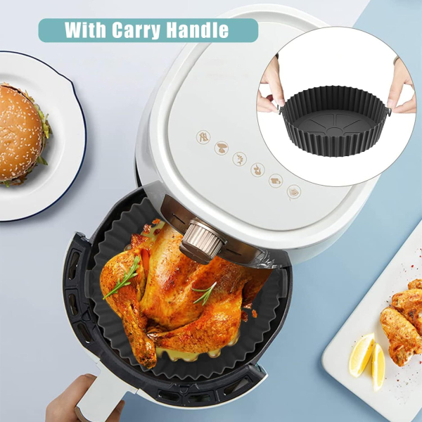Silikonform für Heißluftfritteuse in Grillpfannen-Design mit Griffen - Ø 20 cm Airfryer Einsatz rund BPA-frei, antihaft spülmaschinenfest, hitzebeständig bis 230 °C - Air Fryer Zubehör schwarz